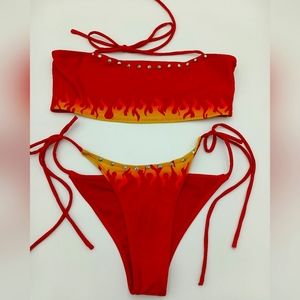 dELiA*s Two Piece Studded W/ Flames Red/Orange Drawstring Swimsuit Size Med